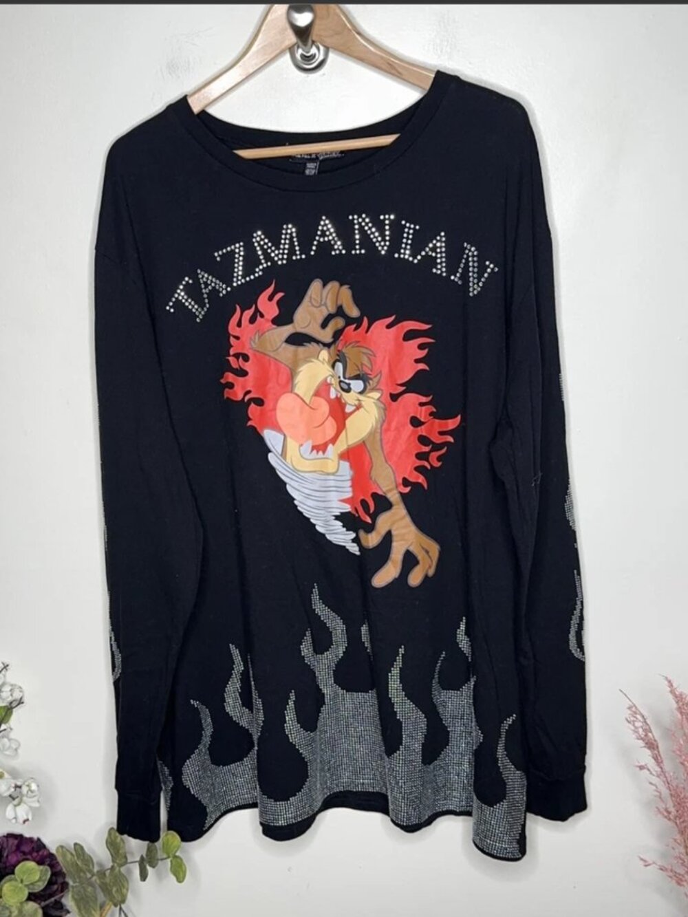 Dolls Kill X Looney Tunes Knit Rhinestone Studded Tazmanian Devil Tee - Black